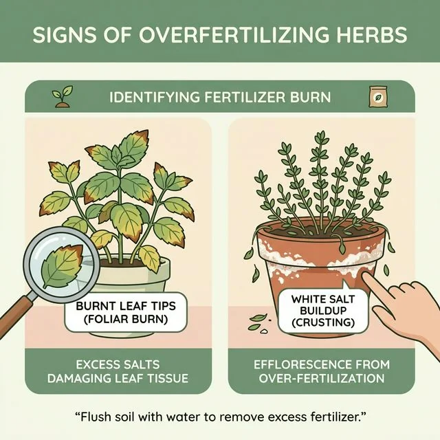 Clean UI illustration showing a mint plant with crispy brown leaf tips and a terracotta pot with crusty white salt buildup