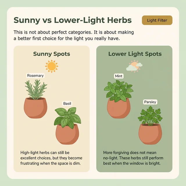 Comparison of higher-light herbs and more forgiving herbs for bright but lower-light indoor homes