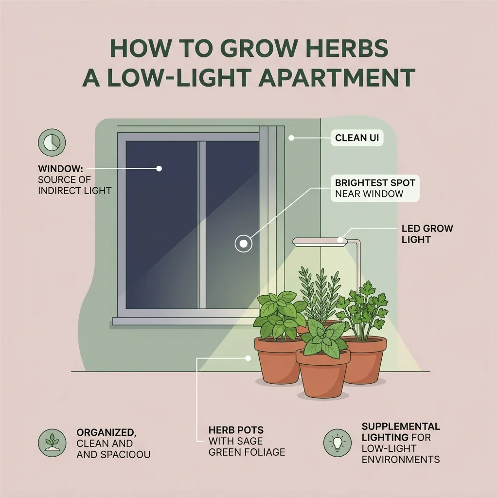 Illustration of a low-light apartment showing the brightest window spot and a small grow light over herbs