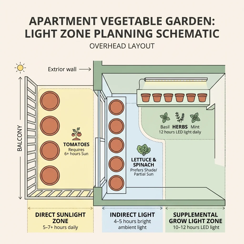 Illustration of an apartment vegetable garden plan showing a light zone, containers, and a simple crop layout