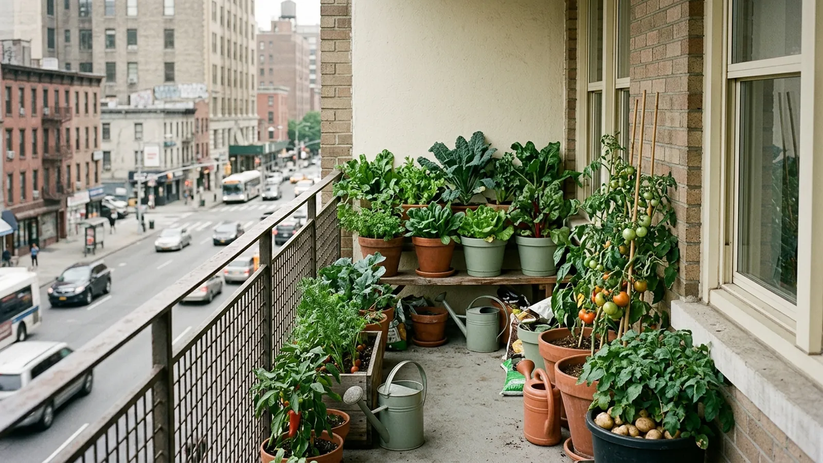 A mid-floor urban balcony above a busy street with leafy greens placed against the back wall and fruiting crops nearer the railing