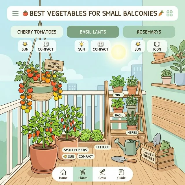 Balcony vegetable layout showing compact crops, vertical support, and root-depth priorities