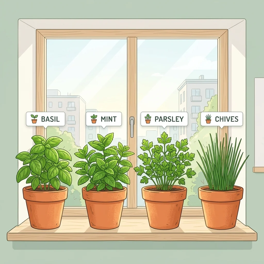 Illustration of a small apartment herb collection on a windowsill with basil, mint, parsley, and chives