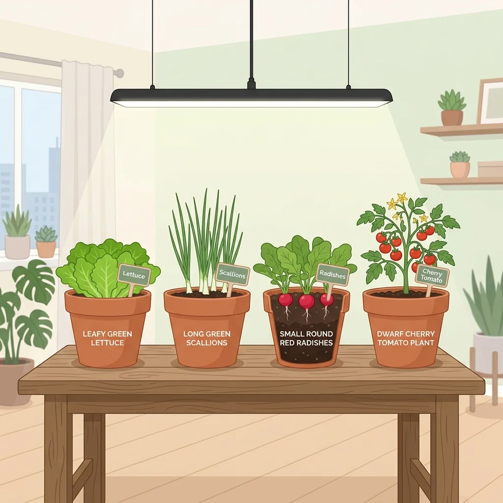 Illustration of indoor apartment vegetables including lettuce, green onions, radishes, and a cherry tomato under a grow light