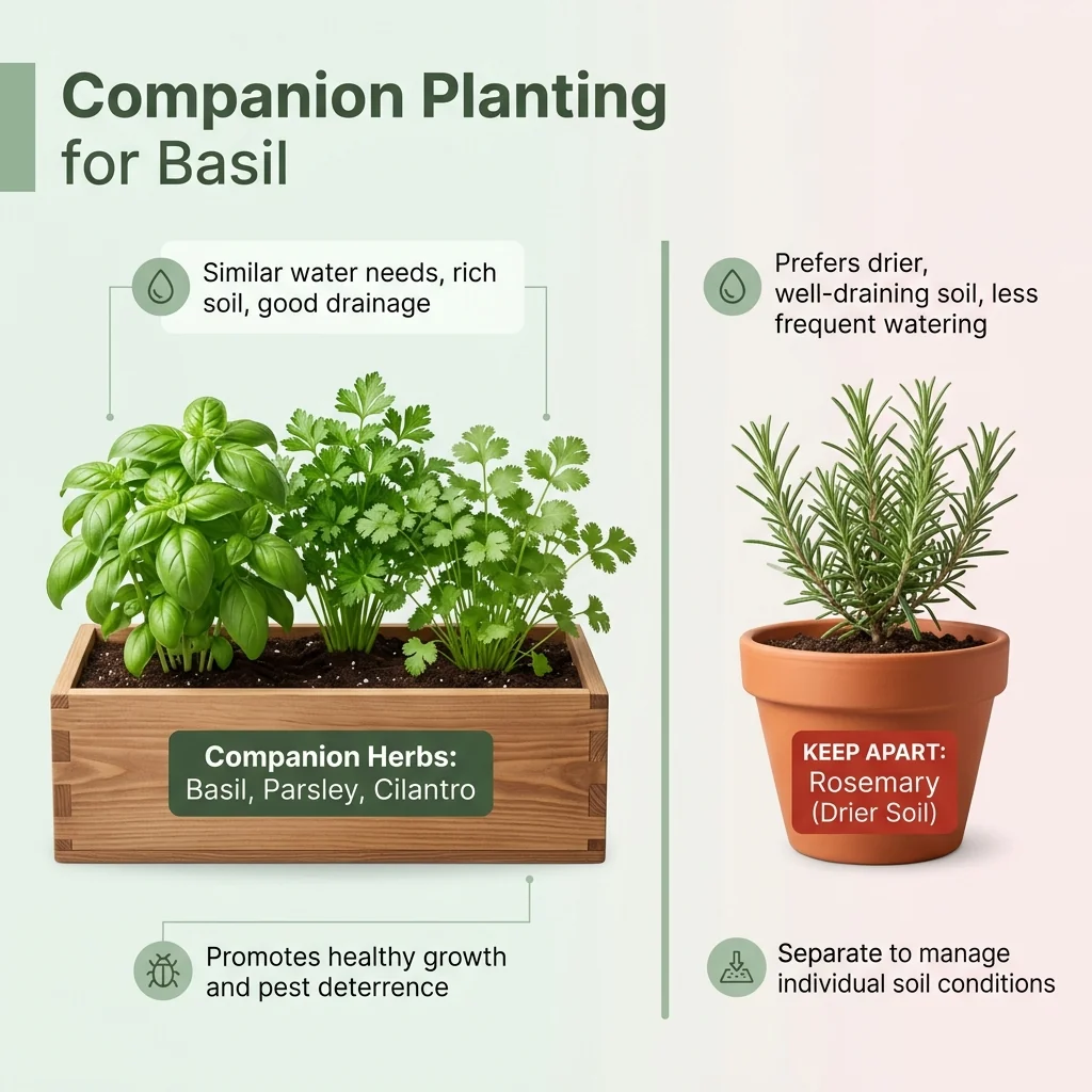 Basil sharing a wide pot with parsley and cilantro, beside a separate pot of rosemary