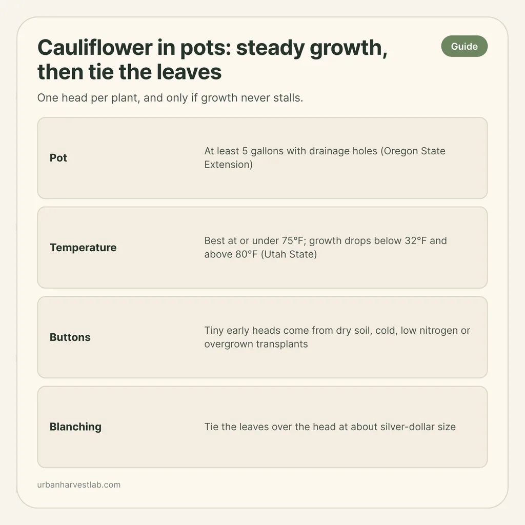 Infographic card: "Cauliflower in pots: steady growth, then tie the leaves" with rows for pot, temperature, buttons and blanching