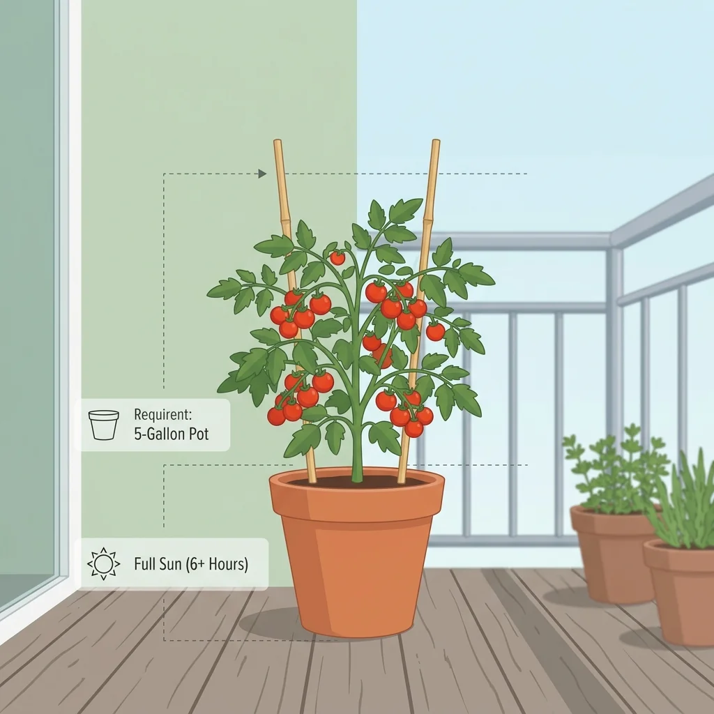 UI illustration showing a compact dwarf cherry tomato plant in a terracotta pot with labels indicating 5-gallon container and full sun requirements.