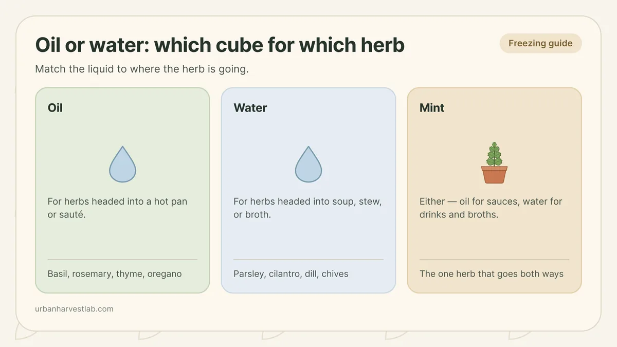 Ice cube tray with herb-filled cubes, some topped with oil and some with water, beside a labeled freezer bag