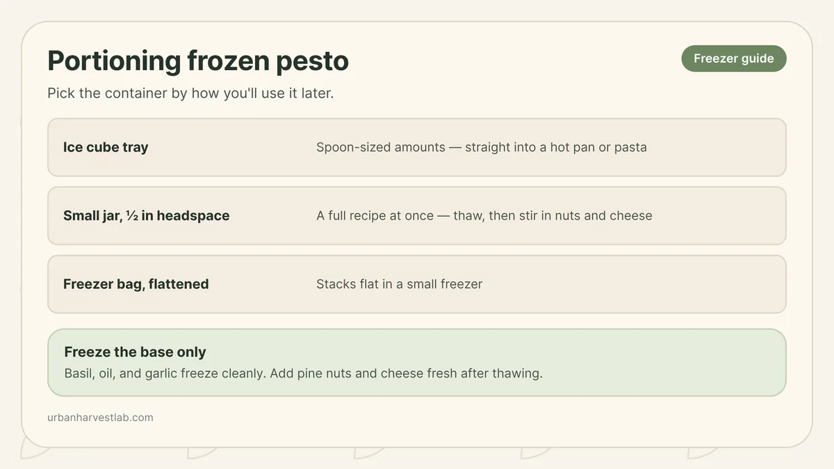 Illustration of basil pesto being spooned into ice cube trays and small jars for the freezer, with pine nuts and grated cheese set aside in a separate bowl