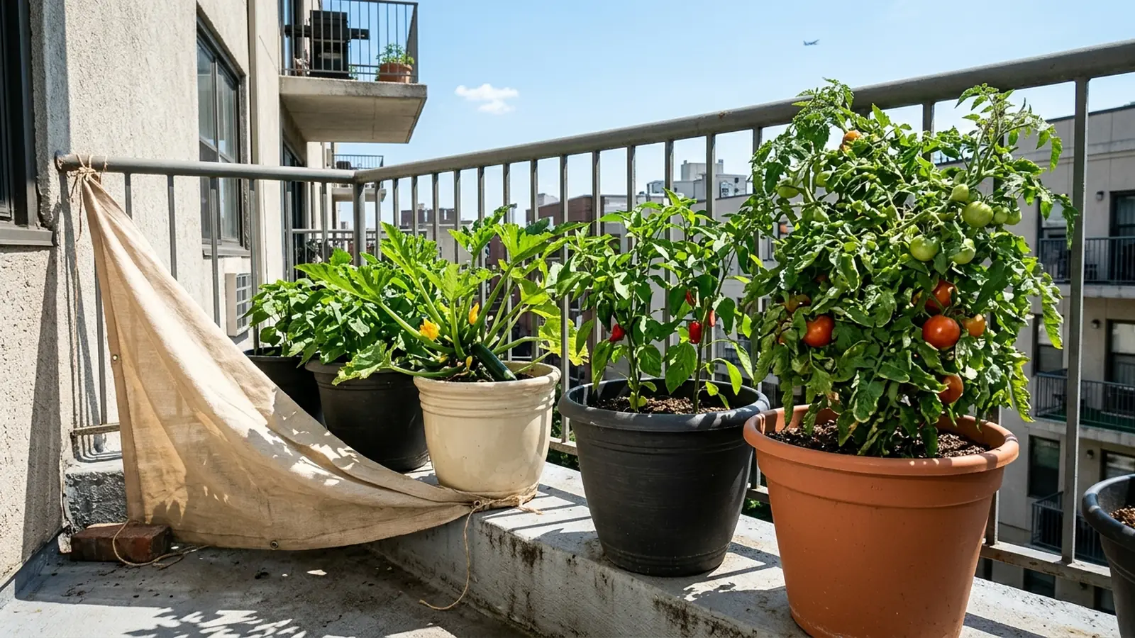 Diagram comparing a light-colored container and a dark container on a full-sun balcony, showing the dark pot's hotter root zone and faster drying