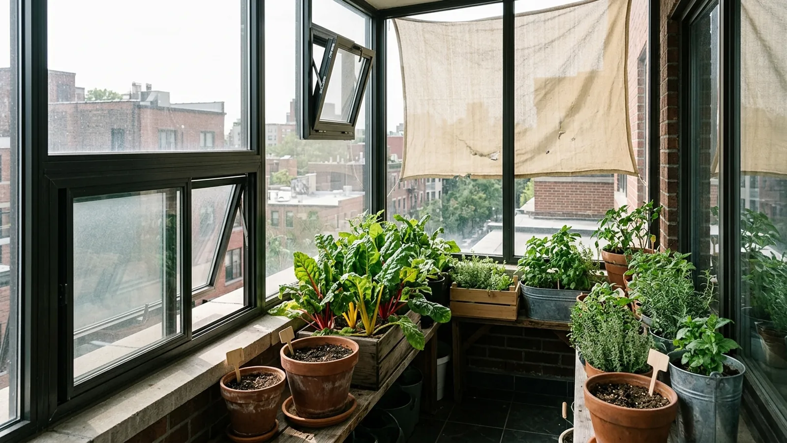 The inside of a glazed-in balcony with chard and herbs on a low shelf, a lower sliding window and an upper vent both open, and pale shade fabric hanging outside the glass