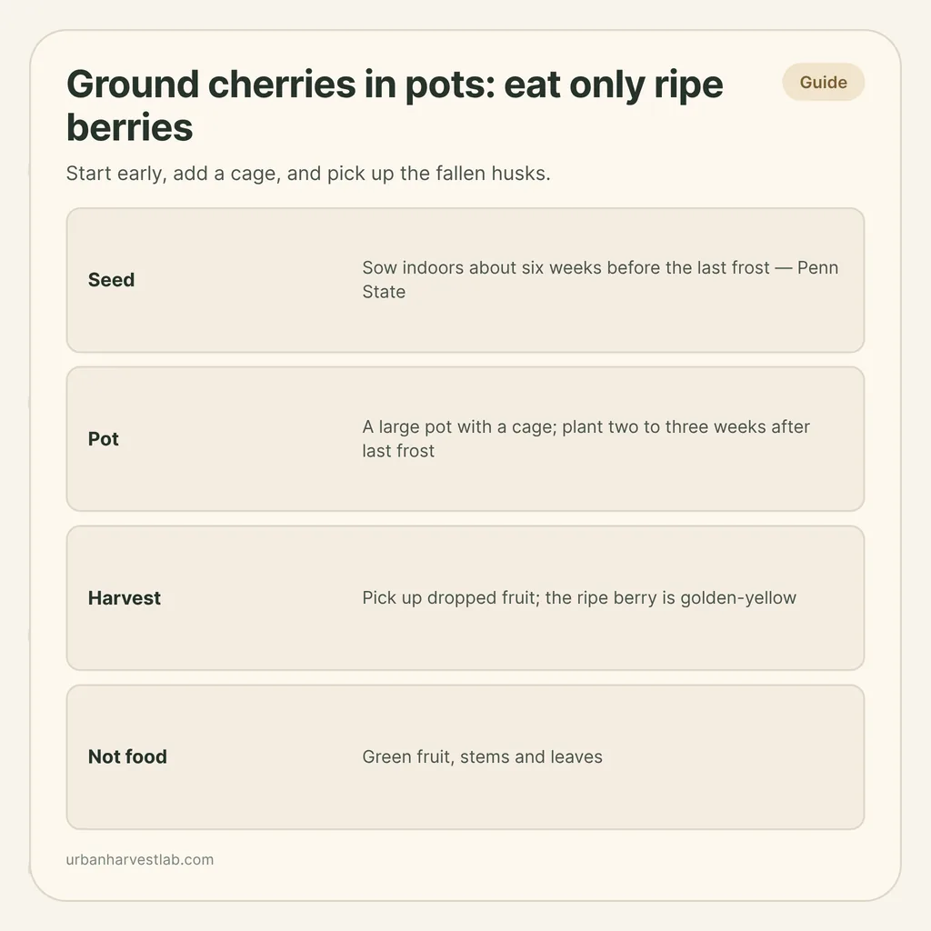 Infographic card: "Ground cherries in pots: eat only ripe berries" with rows for seed, pot, harvest and what is not food