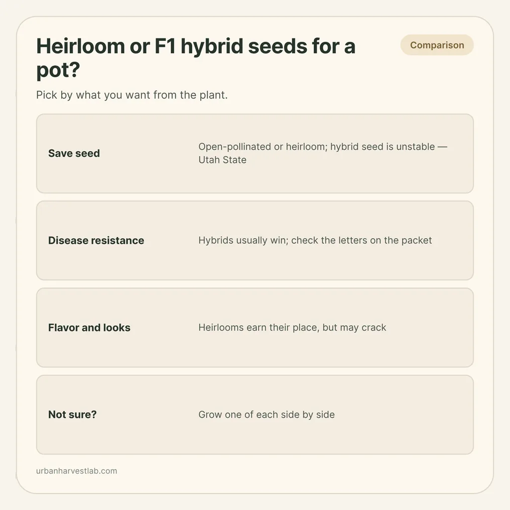 Comparison card: "Heirloom or F1 hybrid seeds for a pot?" with rows for saving seed, disease resistance, flavor and looks, and when unsure
