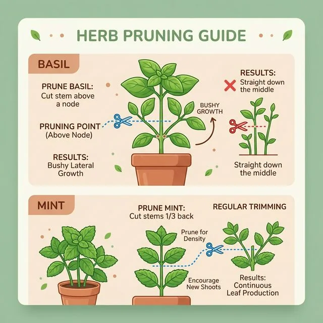 Clean UI illustration showing a dotted cut line and scissors just above a node on a basil plant, demonstrating proper pruning technique