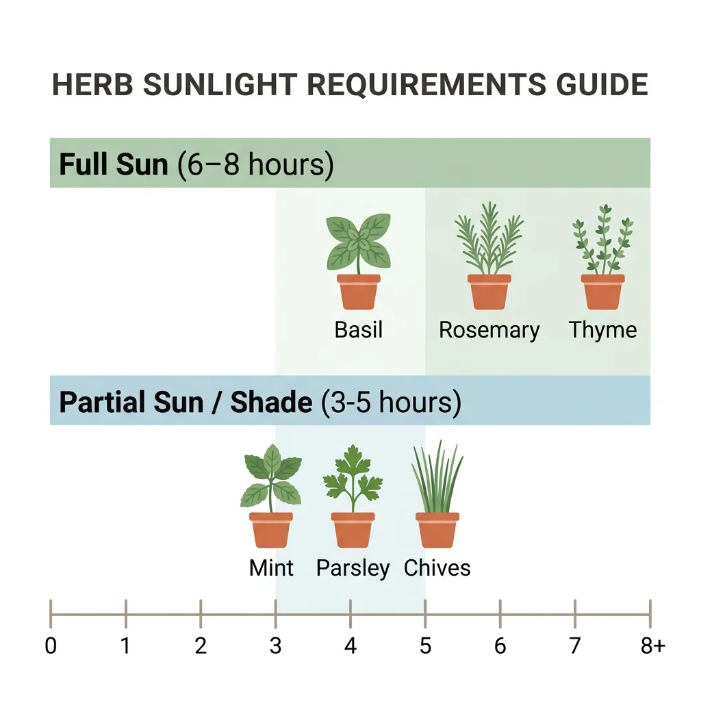 A sunlight chart grouping herbs into full sun, partial sun, and low-light tolerant with their daily light needs