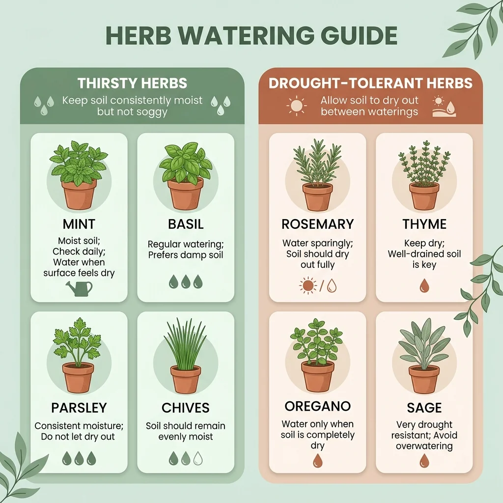 A herb watering chart grouping herbs into thirsty and drought-tolerant types with watering frequencies