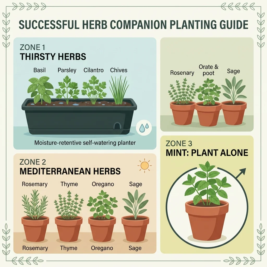 A chart grouping herbs that grow well together in one pot by their water and light needs