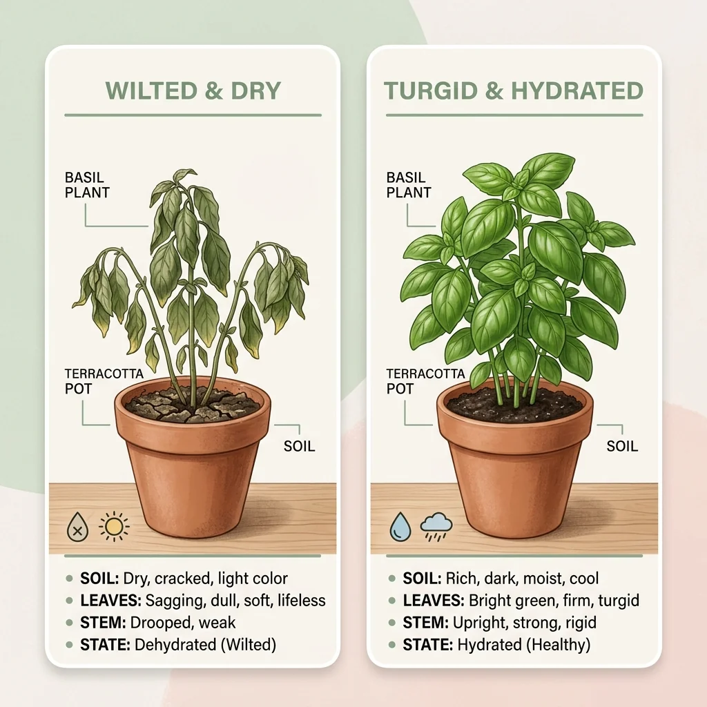 Illustration of basil with one wilted dry plant beside one in evenly moist soil