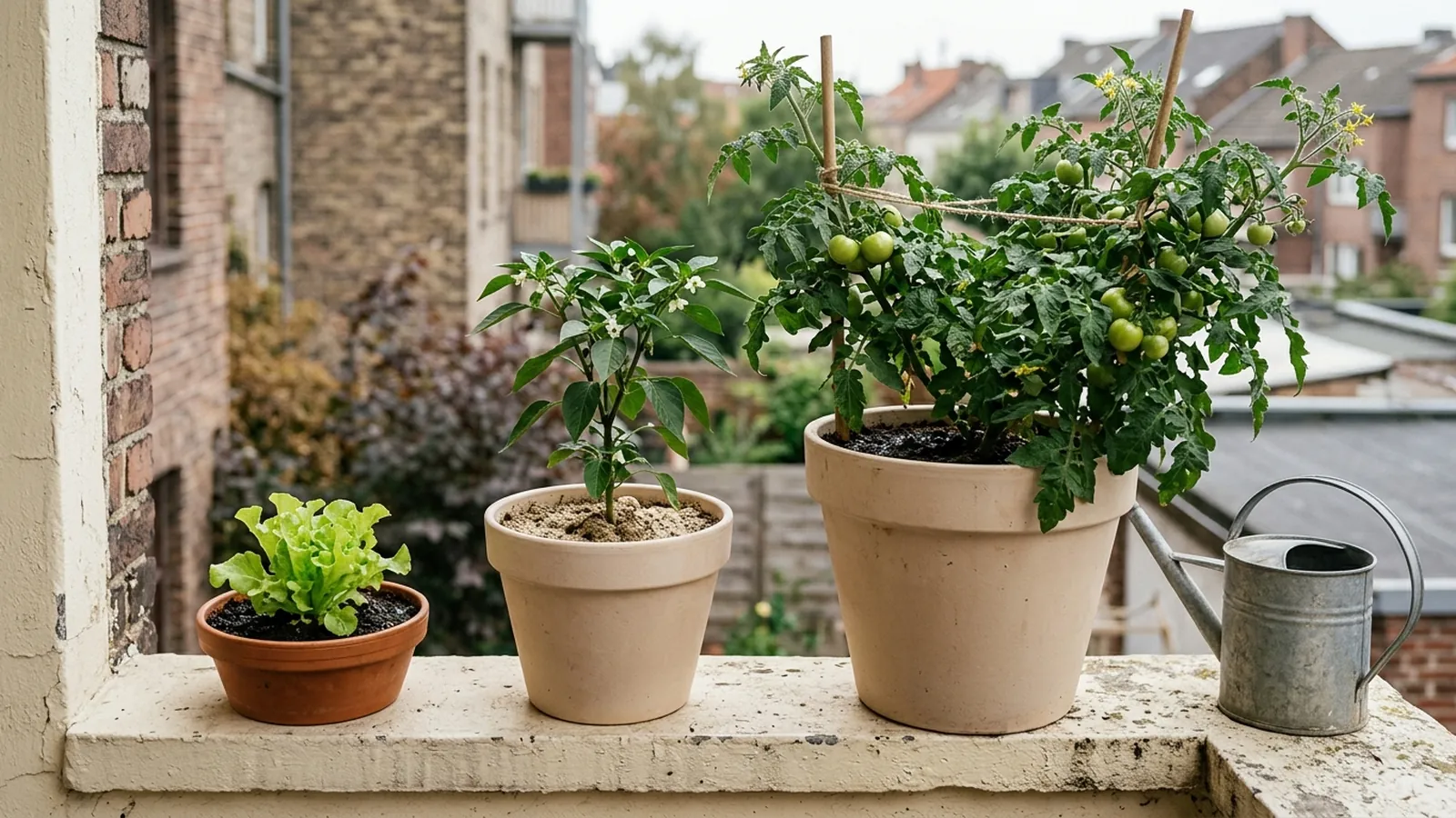 Three balcony containers of markedly different sizes holding a tomato, a pepper and a lettuce, with visibly different soil moisture in each