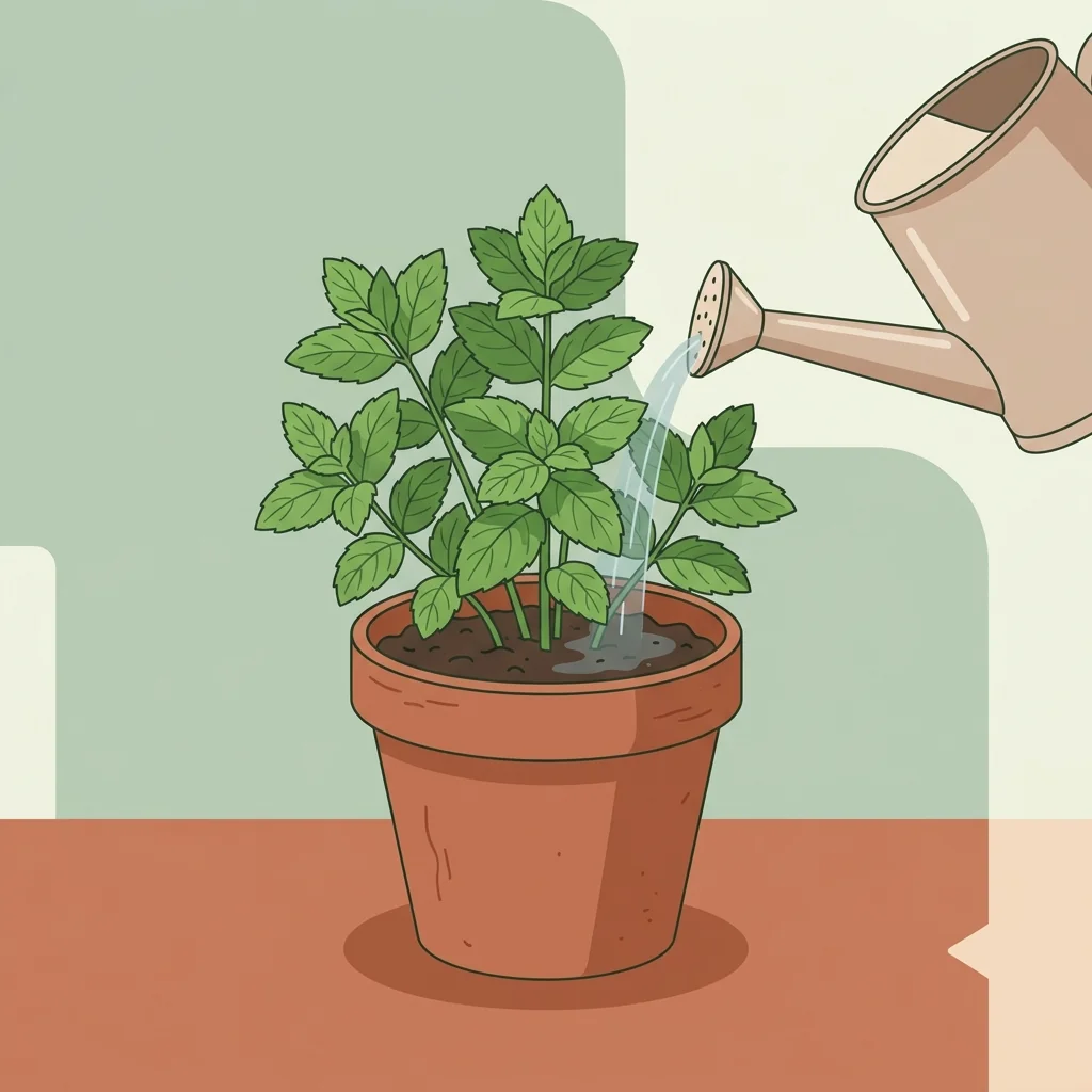 Illustration of mint in evenly moist soil with a watering can, showing healthy lush growth