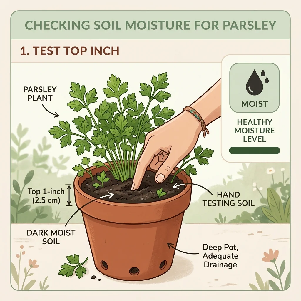 Illustration of parsley in a deep pot with evenly moist soil and the finger test on the top inch