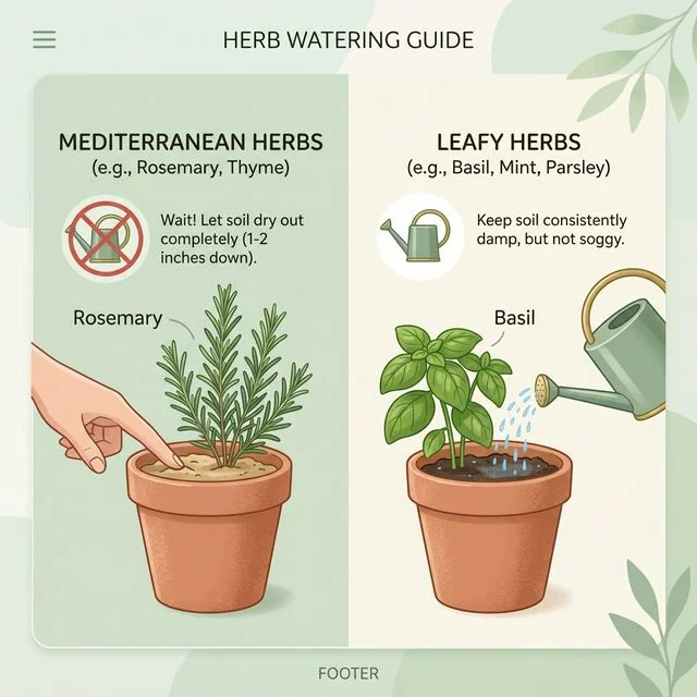 Clean UI illustration showing a finger test on dry soil for rosemary versus damp soil for basil, indicating different watering needs
