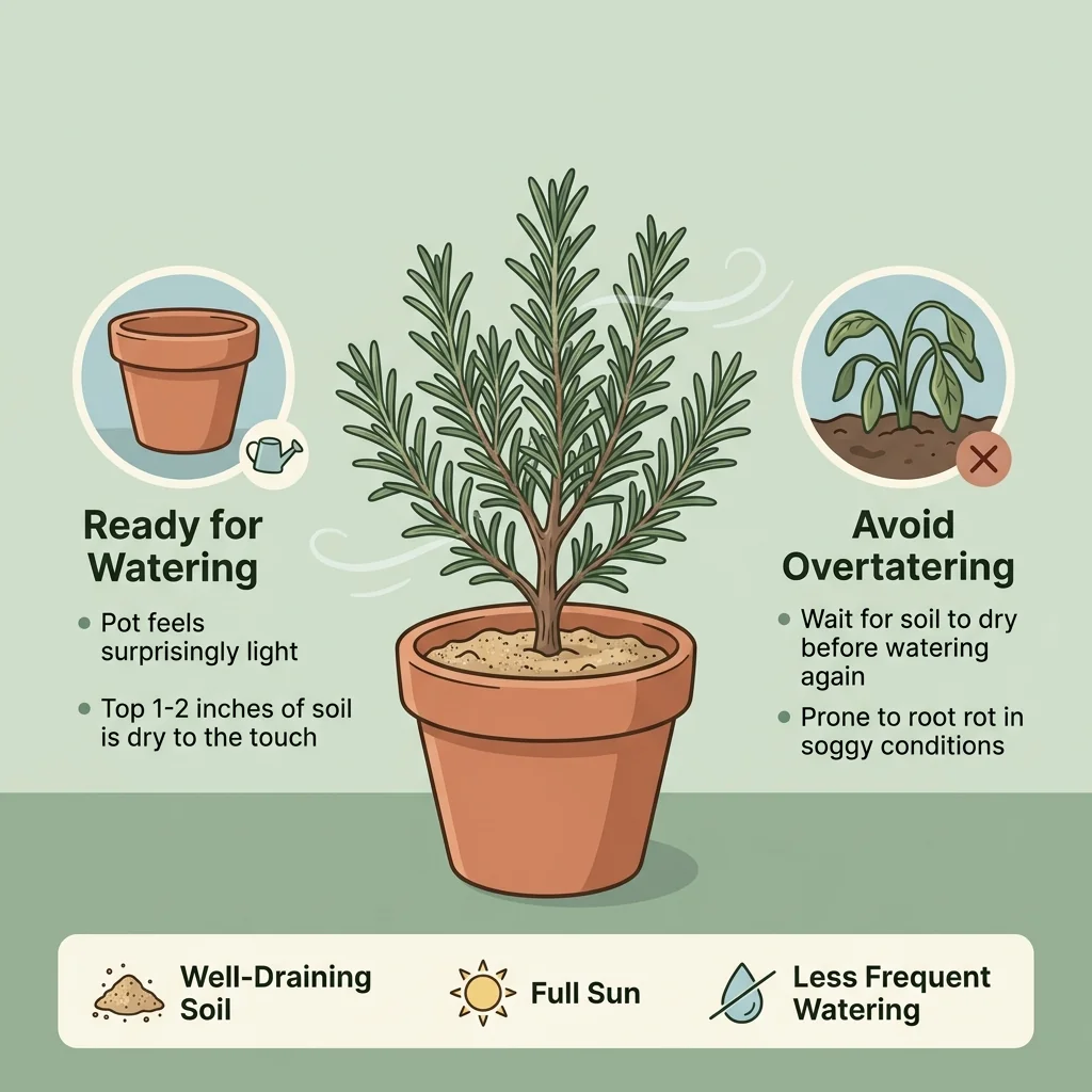 Illustration of rosemary in a terracotta pot with dry, gritty soil and a light pot ready to water