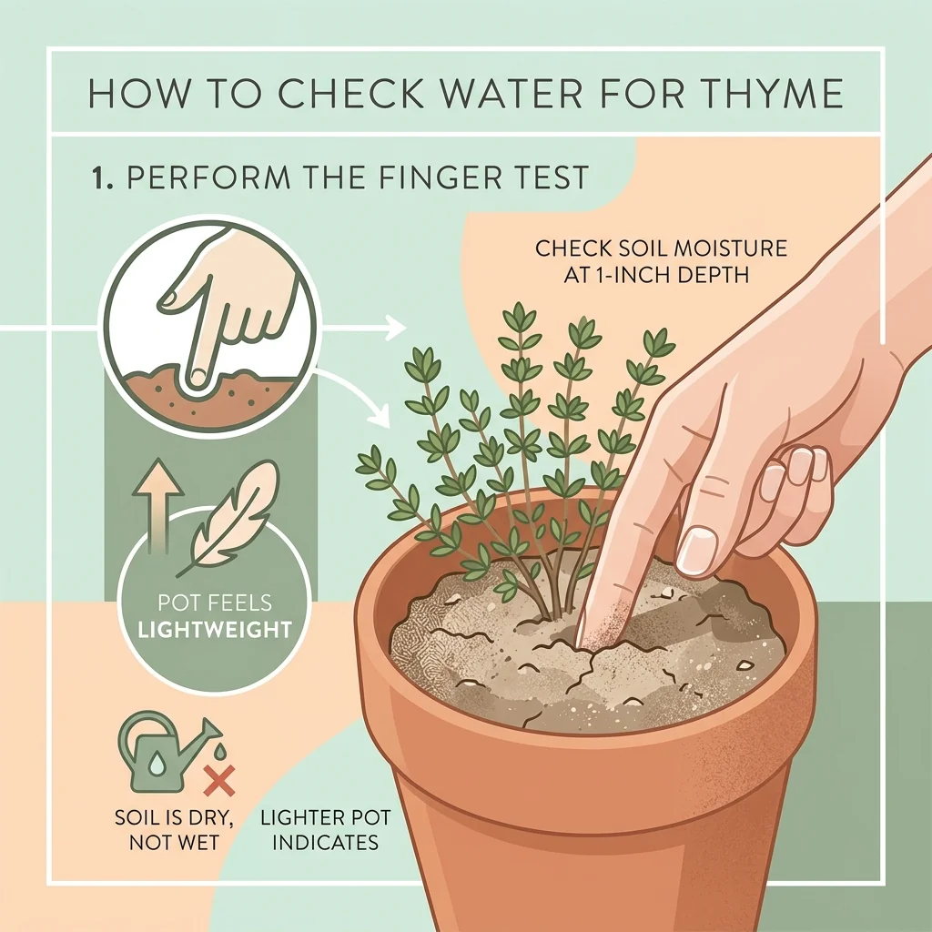 Illustration showing the finger test on dry thyme soil with a light, dry pot ready to water