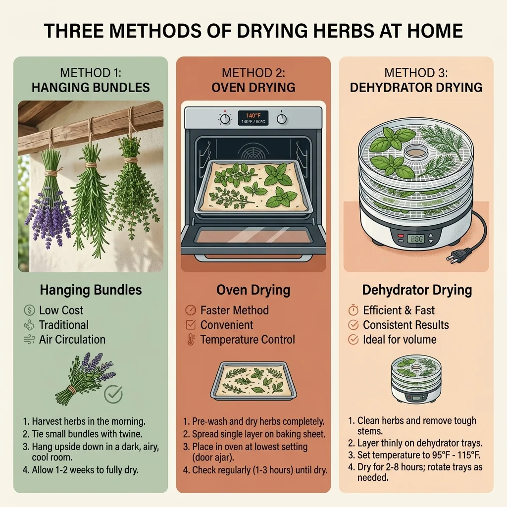 Illustration showing three ways to dry herbs at home, air-drying bundles, an oven tray, and a dehydrator
