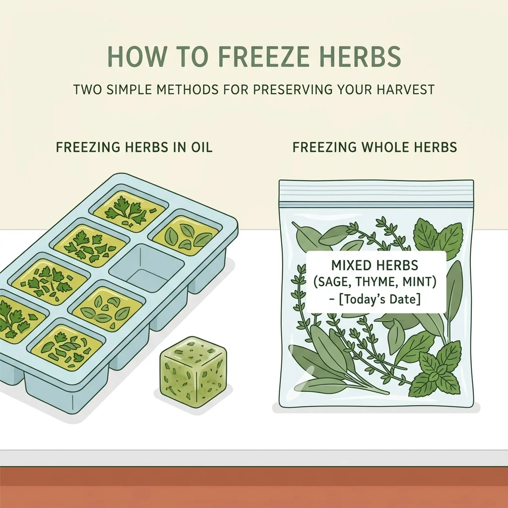 Illustration of chopped herbs frozen in an ice cube tray with olive oil, beside a bag of whole frozen herbs