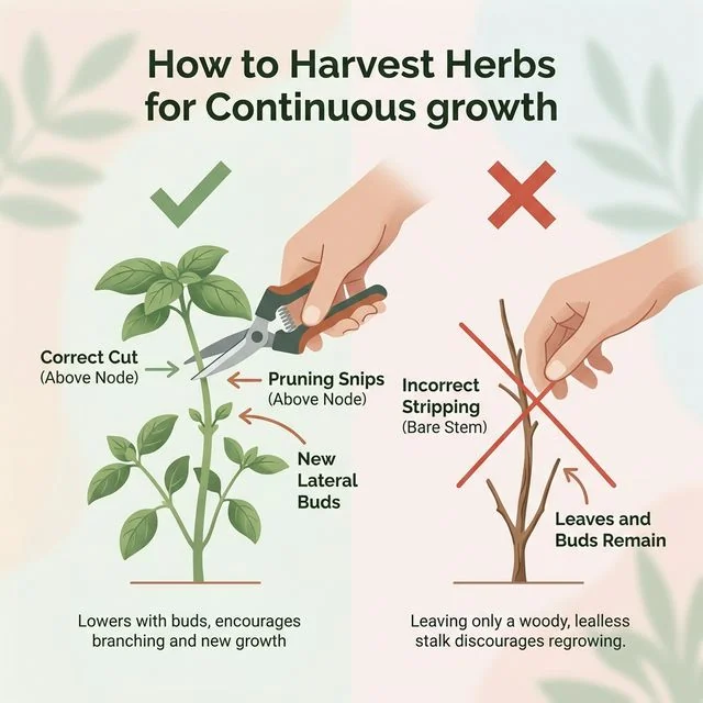 Clean UI illustration showing the correct method to harvest basil by cutting the stem just above a pair of leaf nodes