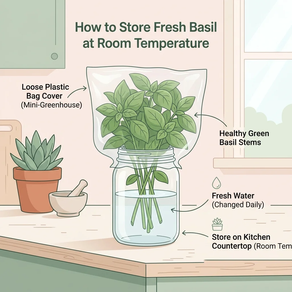 Illustration of fresh basil stems in a jar of water on a kitchen counter, loosely covered, away from the fridge