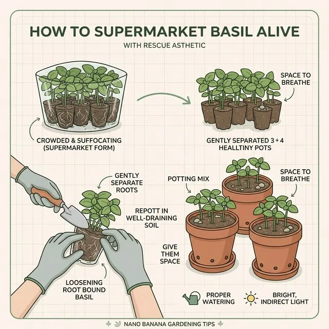Clean UI illustration showing a crowded supermarket basil plant suffocating in a plastic sleeve being divided into three separate terracotta pots to thrive