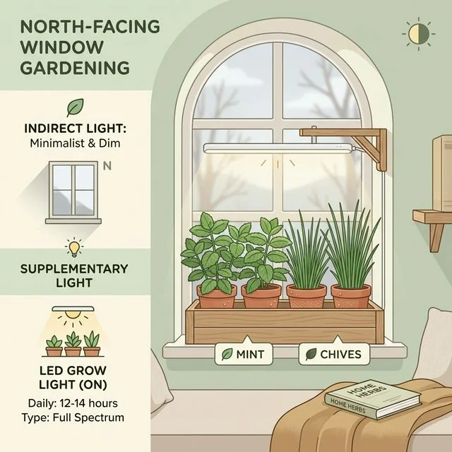 Clean UI illustration showing shade-tolerant mint and chives growing under supplemental LED light in a dim north-facing window