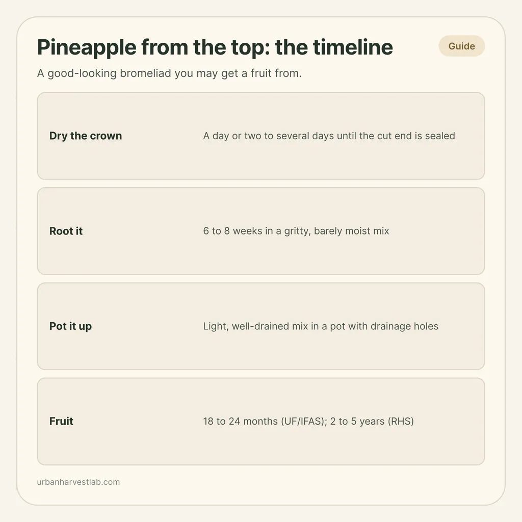 Infographic card: "Pineapple from the top: the timeline" with rows for drying, rooting, potting and fruit time