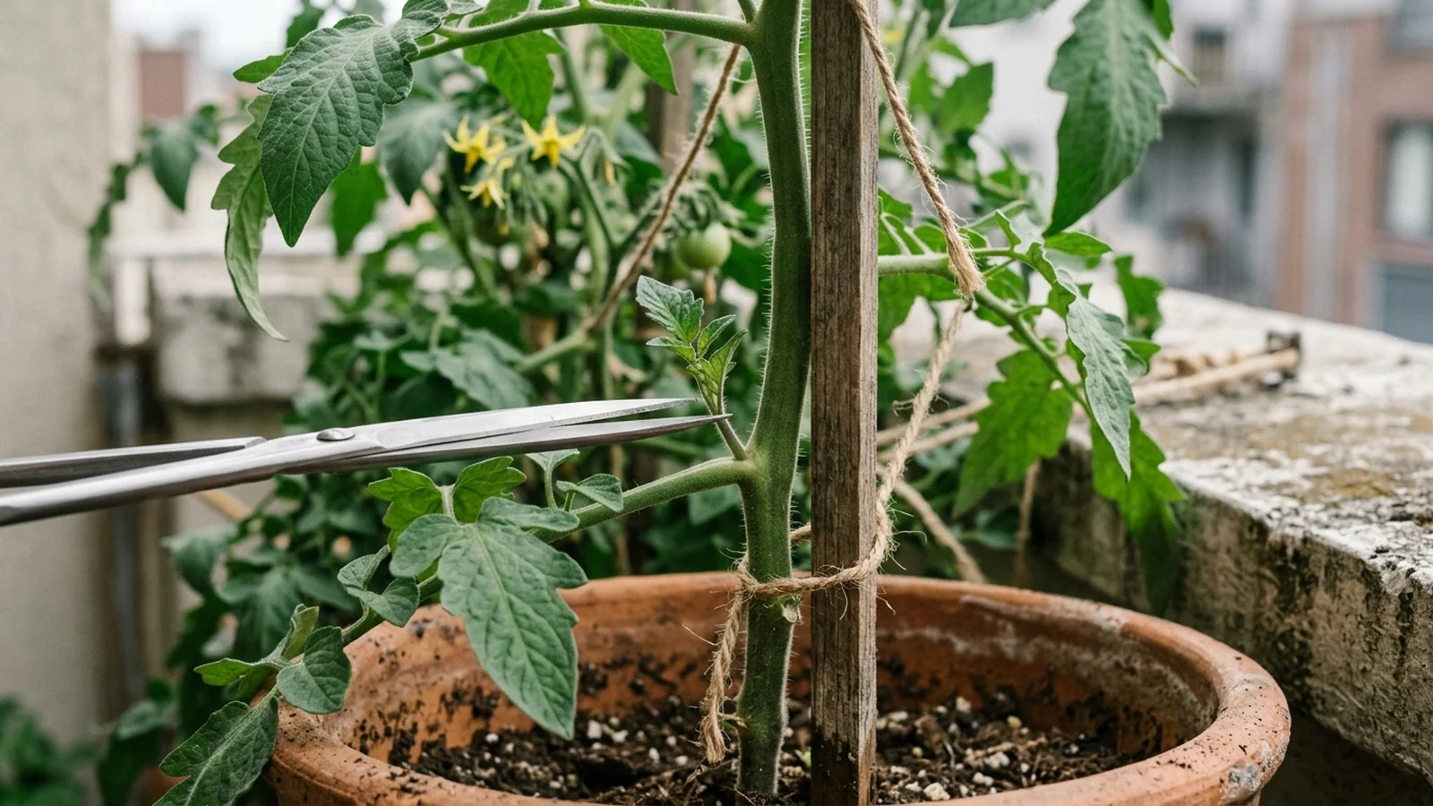 Close view of a container tomato on a balcony showing a side shoot in the join between stem and branch, with clean snips approaching it