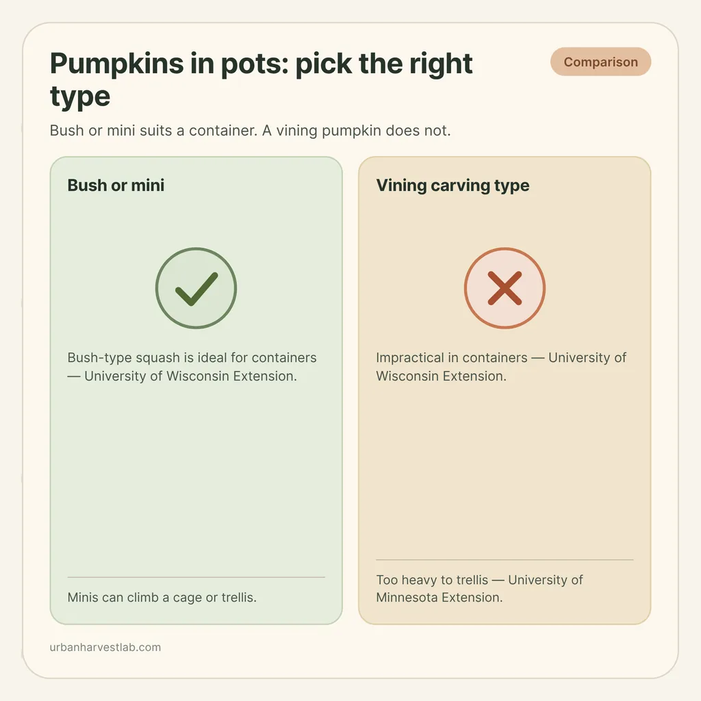 Infographic card: "Pumpkins in pots: pick the right type" comparing bush or mini pumpkins with vining carving types