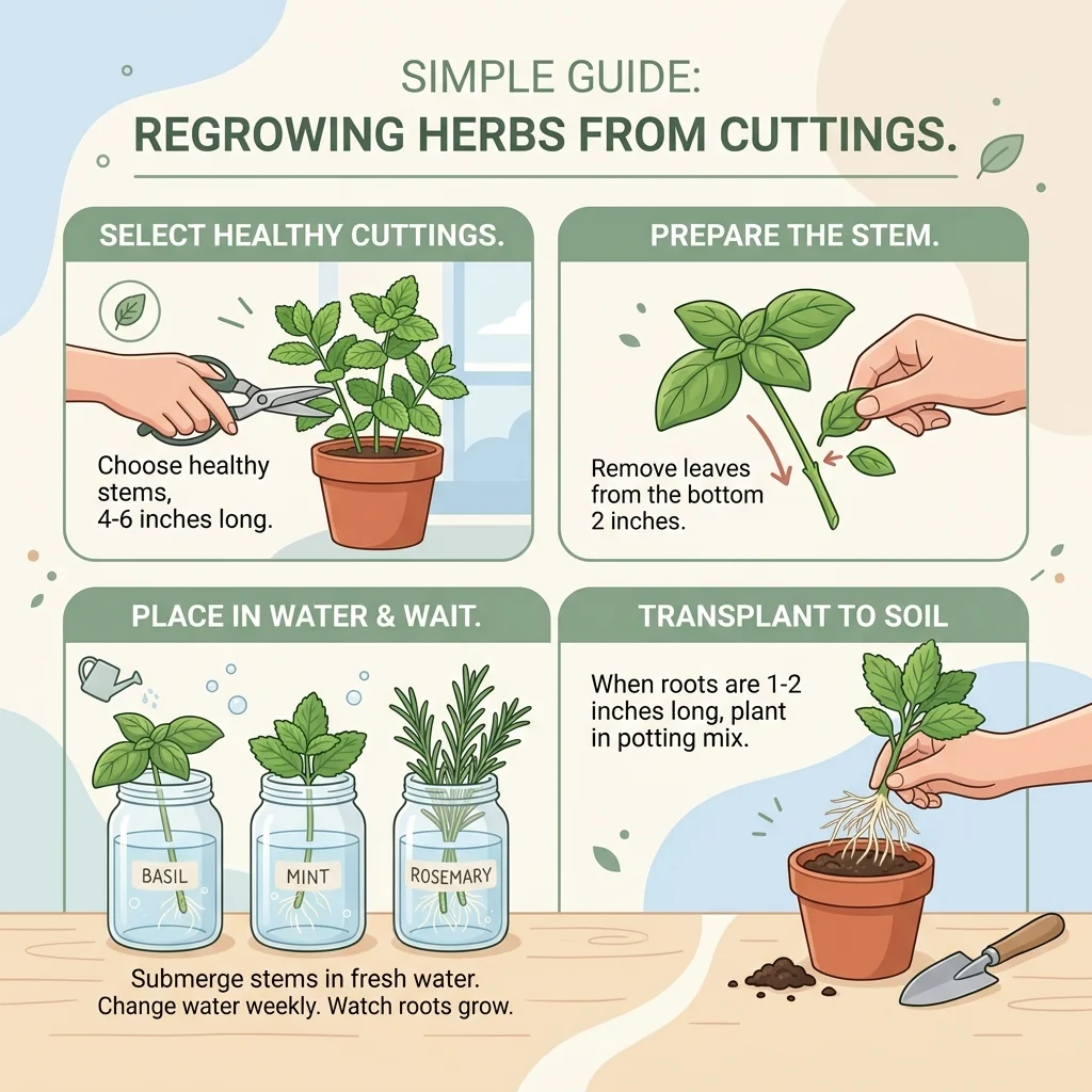 Illustration of herb stem cuttings rooting in a glass of water, with lower leaves stripped and roots forming