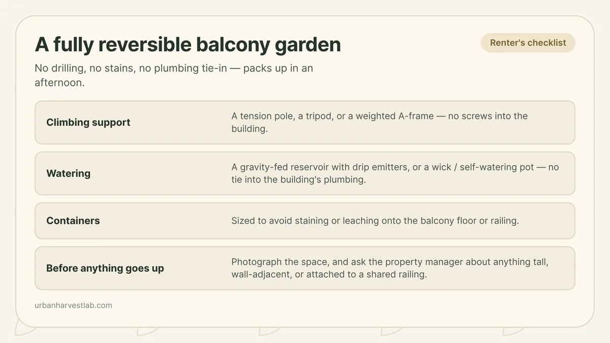 Illustration of a balcony container garden with a freestanding trellis, a gravity-fed watering reservoir, and pots ready to pack into moving boxes