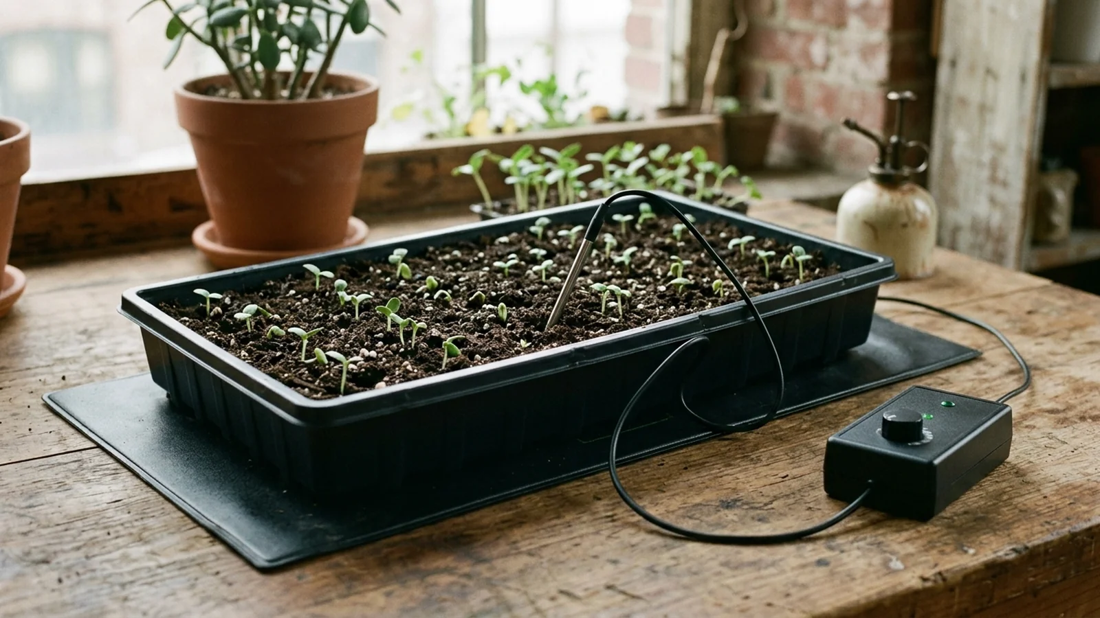 A seed tray resting on a plain heat mat indoors with a temperature probe pushed into the mix and an unbranded thermostat unit beside it