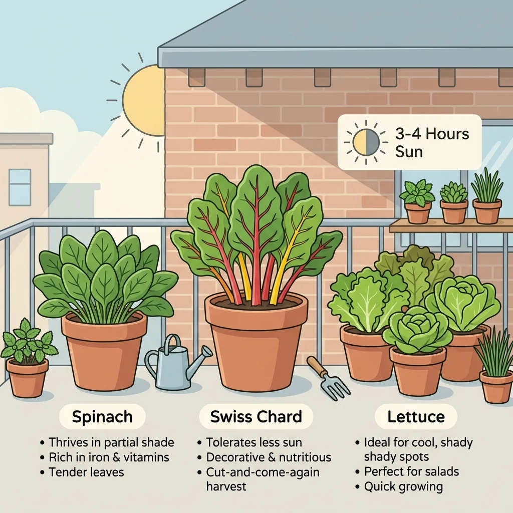 Shady balcony UI illustration showing leafy Swiss chard, spinach, and lettuce growing in terracotta pots with a '3-4 Hours Sun' badge.