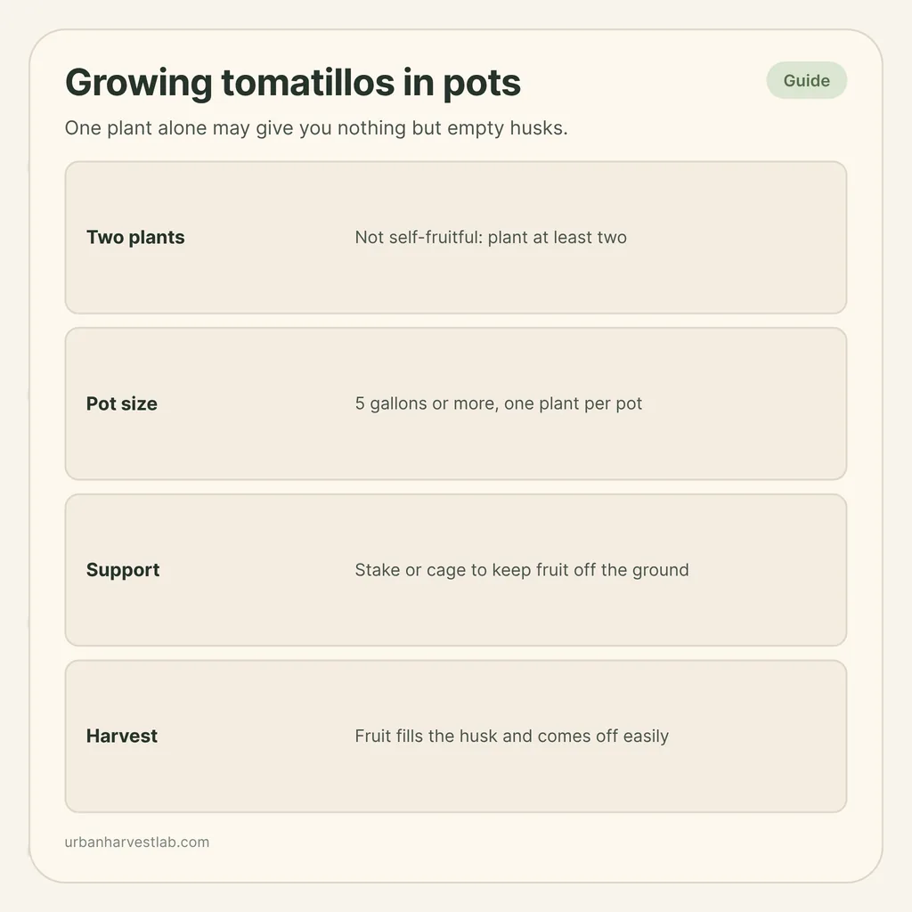 Infographic card: "Growing tomatillos in pots" with rows for two plants, pot size, support and harvest