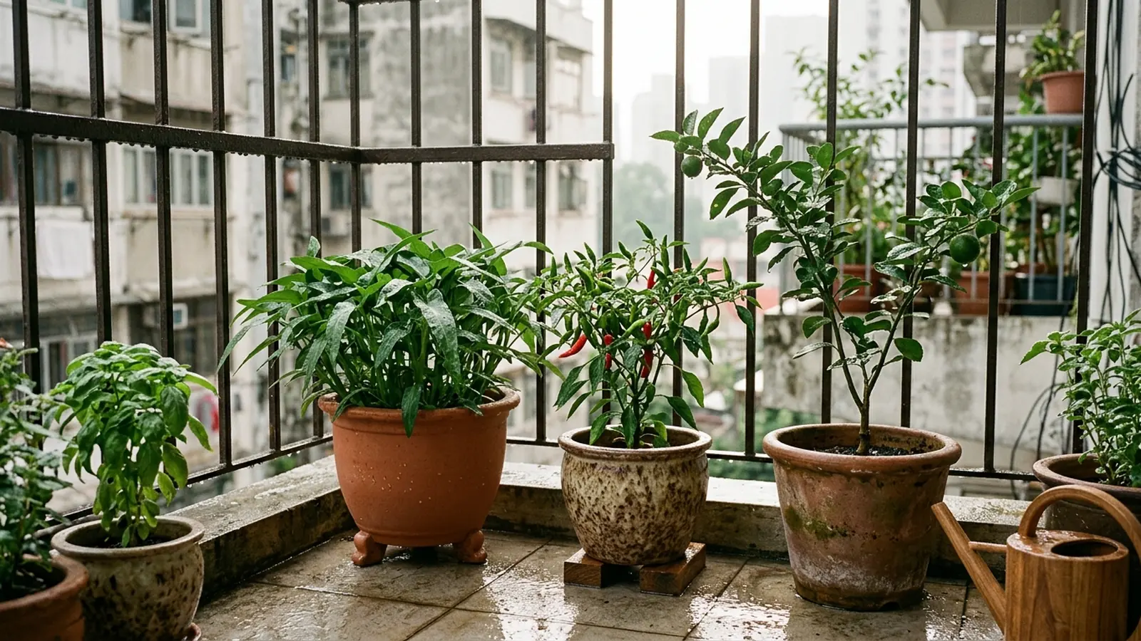 Diagram comparing a raised, well-drained container built for Miami's wet season against a low pot with blocked drainage holes sitting in standing water