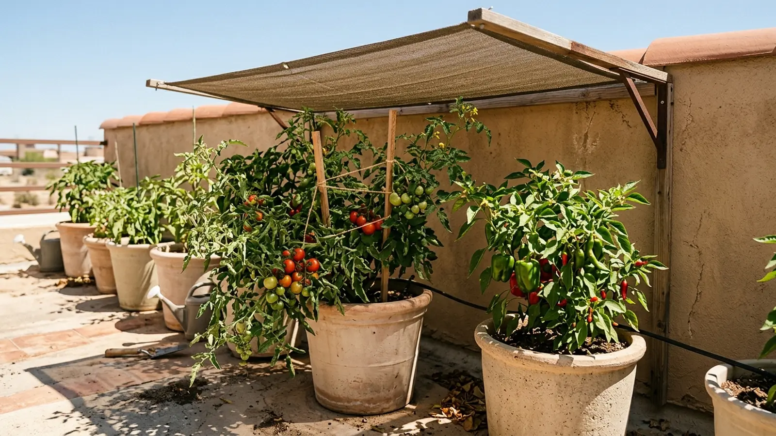 Diagram comparing a small dark container in full Phoenix sun with a hot substrate against the same container kept in shade while its leaves reach into sunlight