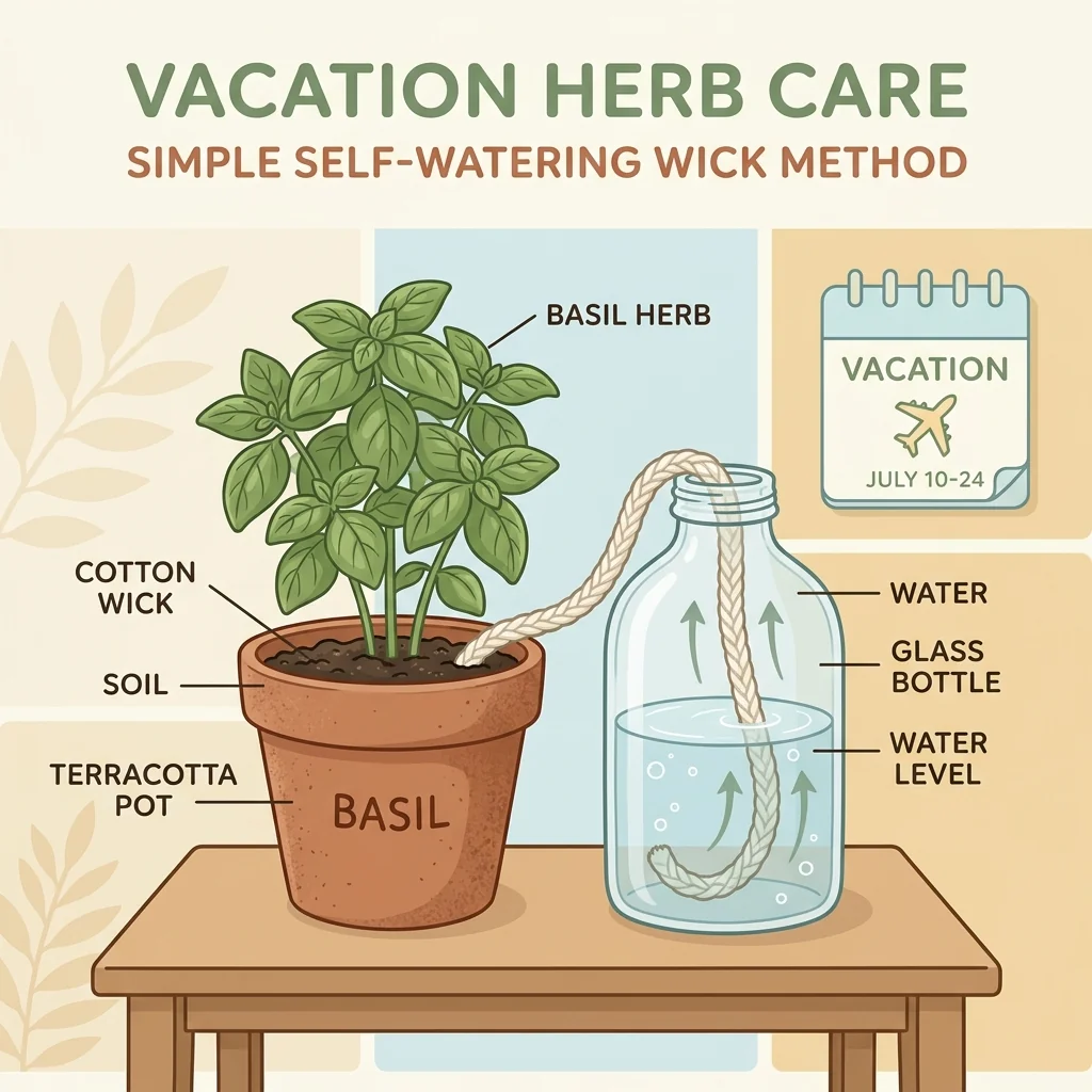 Clean UI diagram demonstrating a simple cotton wick self-watering setup from a glass water reservoir bottle into a terracotta basil pot.