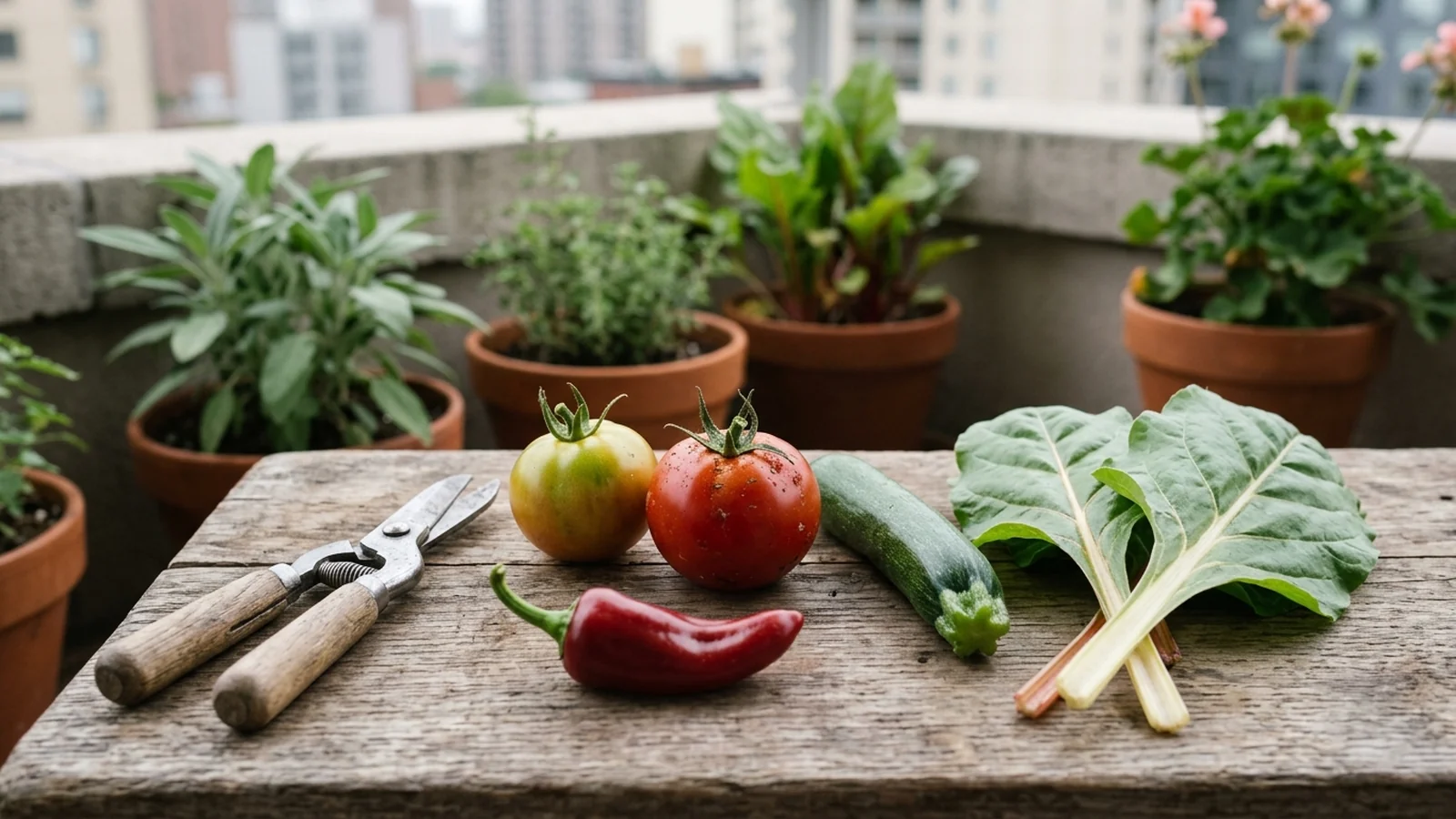 A freshly picked balcony harvest of two tomatoes at different ripeness stages, a small zucchini, a pepper and chard leaves beside clean snips