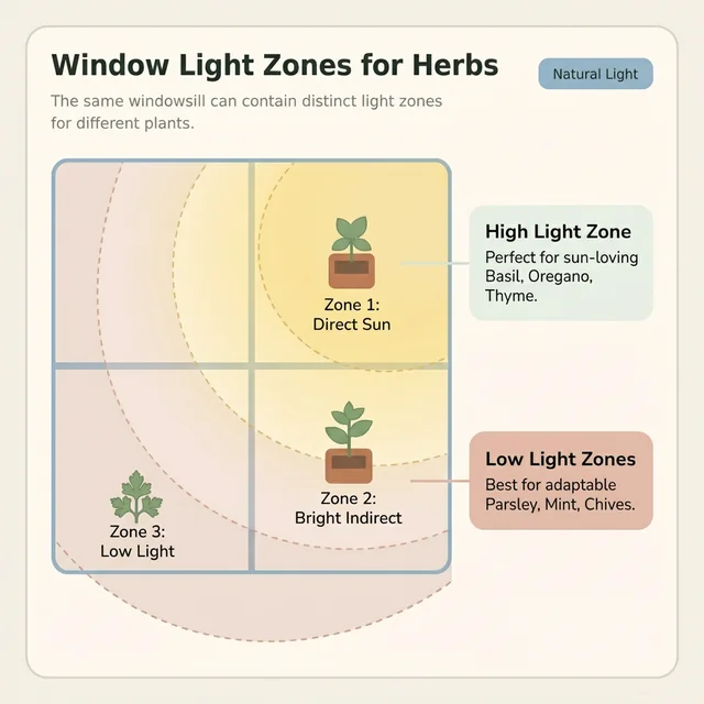 Diagram showing stronger and weaker light zones across a typical apartment window